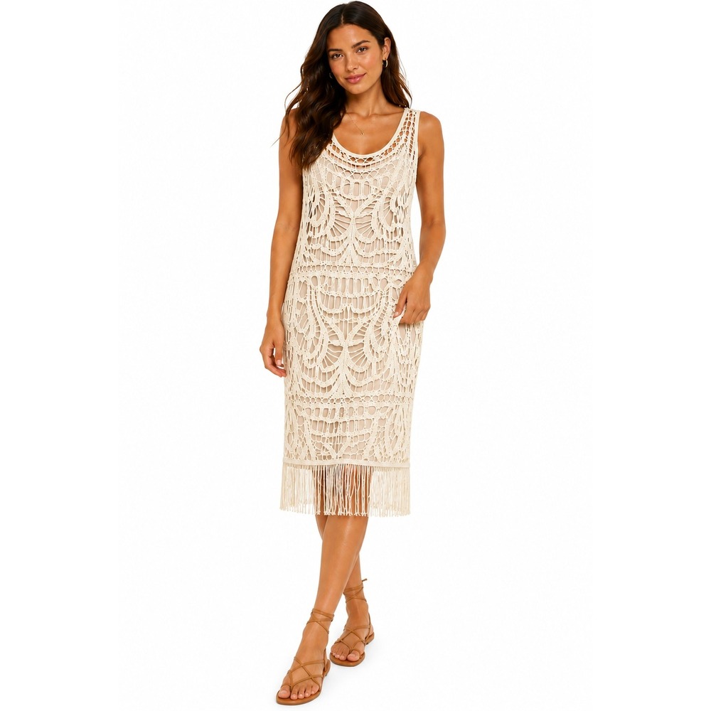 INC International Concepts Lace Crochet Knit Fringe Dress Cream NWT Size 8